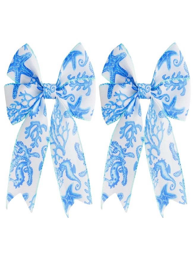 Meseey 2 Pcs Spring Summer Ribbon Wired Ribbon Bows Sea Ocean Starfish Coral Beach Marine Wreath Bow for Party Gift Wrapping Outdoor Hanging Party Decoration Supplies(Blue Bow) - Image 1
